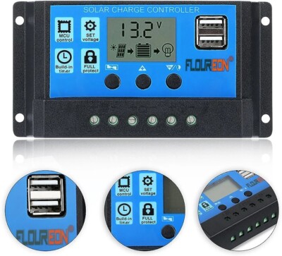Solarpanel Controller 20A 12V/24V Timer LCD Display Dual USB Ouput