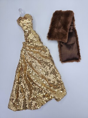 Handmade Gold Sequins Brown Fur Dress Outfit Gown Silkstone Fashion Royalty  FR | eBay