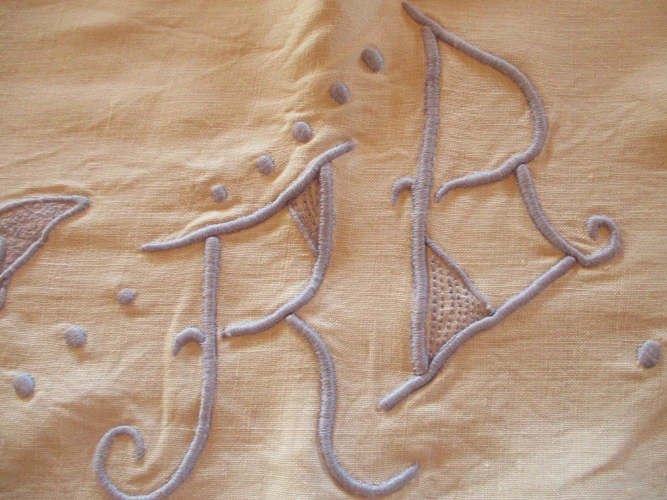 Drap N°86 ancien en fil de lin monogramme RB  207 X 295 Cm    papillons bleus - Photo 3/4
