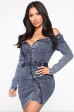 New Fashion Nova Dark Wash Denim Off Shoulder Zip Front Long Sleeve Dress XS