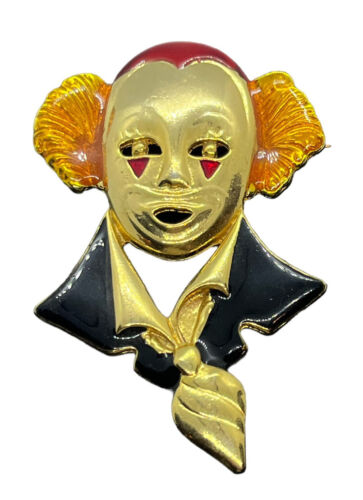 Creepy clown mime vintage brooch pin enamel gold t