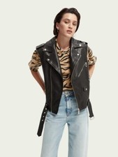 Scotch & Soda Leather Studded Biker Retro Gilet Size Small Black