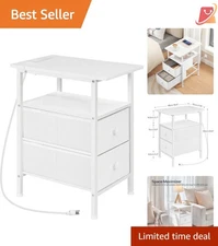End Table with Charging Station Narrow Nightstand 2 Drawers Slim Sofa Side