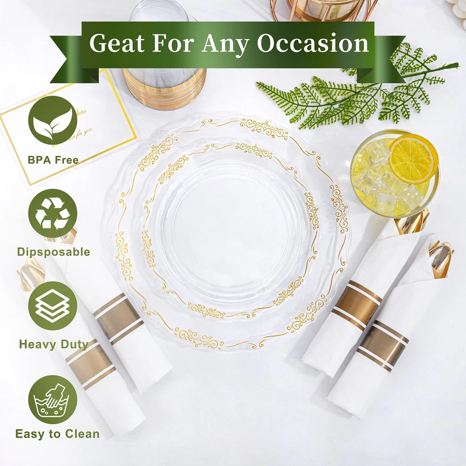175 Pieces Gold Plastic Plates and Napkins Party Supplies - Clear and Gold Di... - Изображение 3 из 4