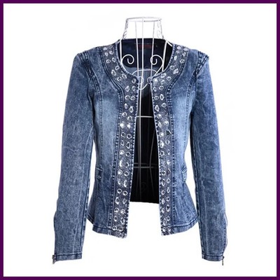 Elegant Diamonds Denim Jackets Women Vintage Jeans Jacket Ladies Spring