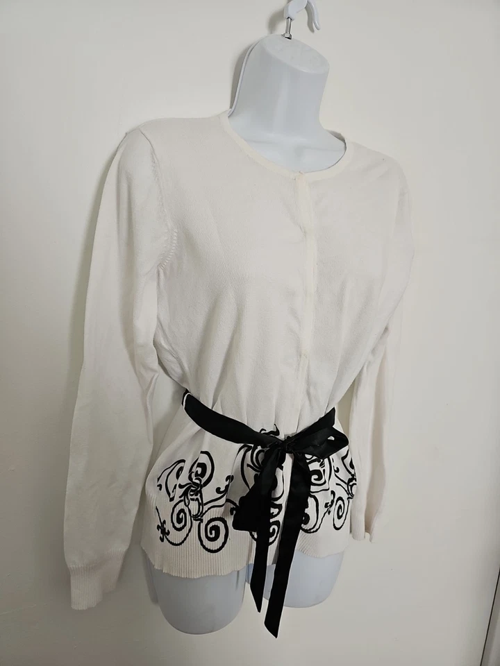 Cárdigan East 5th Blanco Suéter a Presión Talla Pequeña Negro Diseño Remolino Dobladillo L/Slv Foto 3 de 4