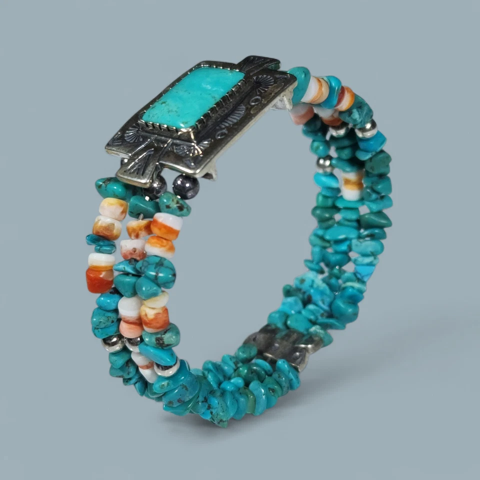 Brazalete expandible firmado Pollack plata de ley 925 turquesa ostra espinosa Foto 2 de 4