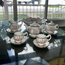 Mini Floral Porcelain Tea Set Gold Trim Teapot Creamer Sugar 2 Cups  Saucers