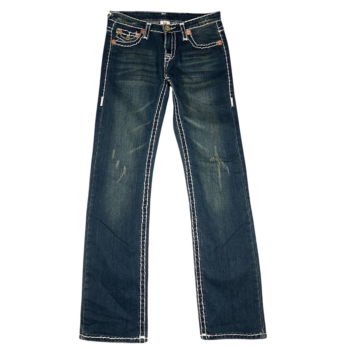 True Religion Billy Super T Jeans Men 30 Dark Wash White Stitch