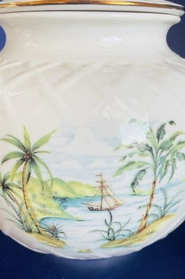Vintage Lenox British Colonial Carved TEAPOT Palm Trees Beach & Boat Signed
