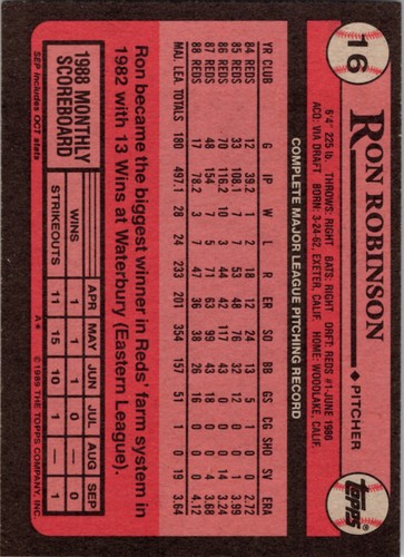 Ron Robinson Cincinnati Reds 1989 Topps #16 - Bild 2 von 2