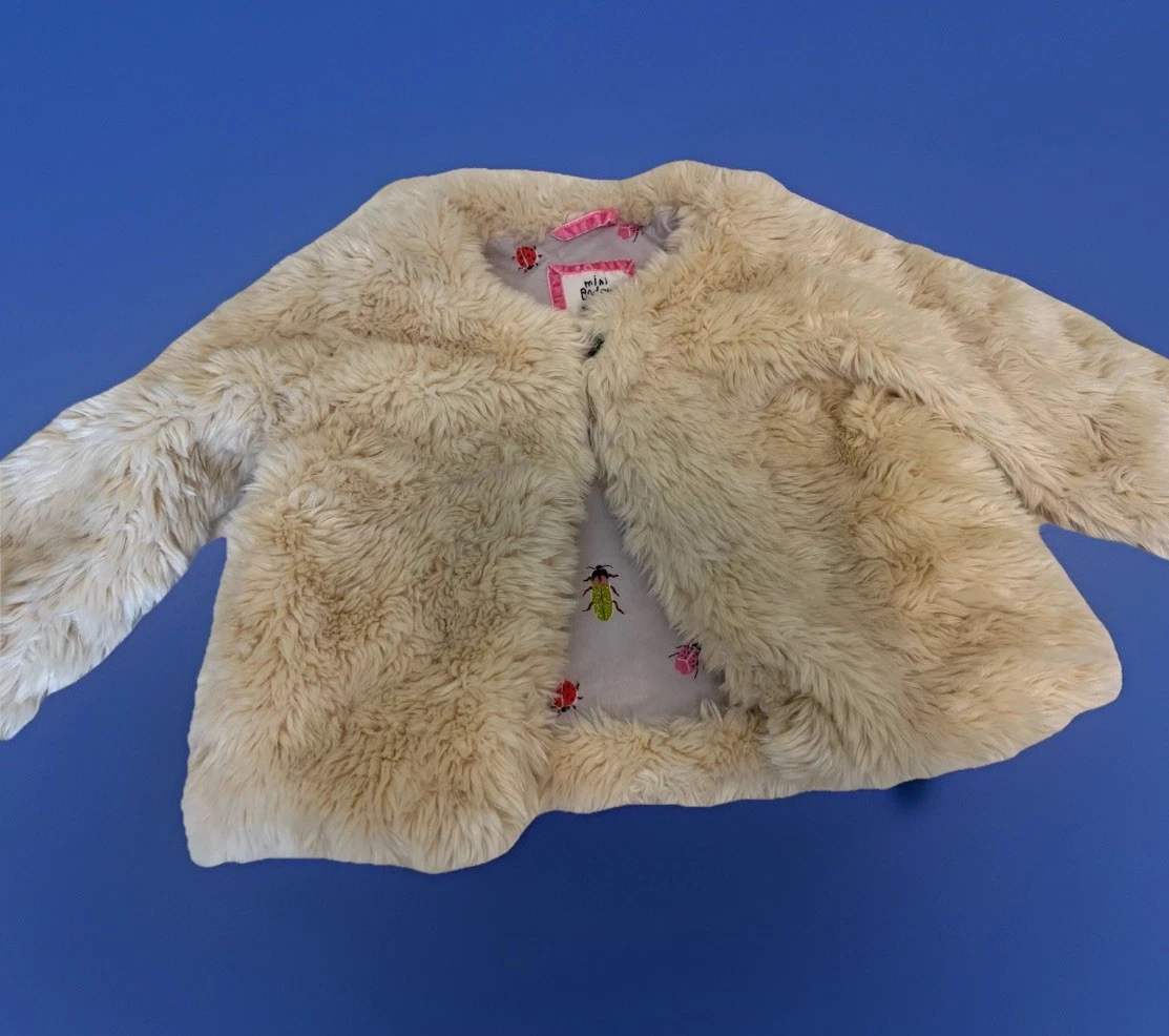 OFF WHITE Mini Boden giacca pelliccia sintetica fuzzy bianco panna sporco bambino taglia 6 7 anni