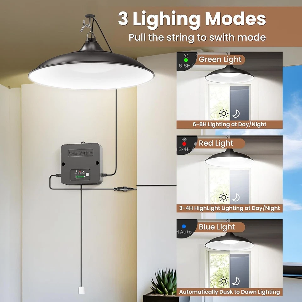 LED Solar Pendant Light Dusk to Dawn Outdoor Indoor Garage Shed Lamp 3 Modes - Image 3 of 4