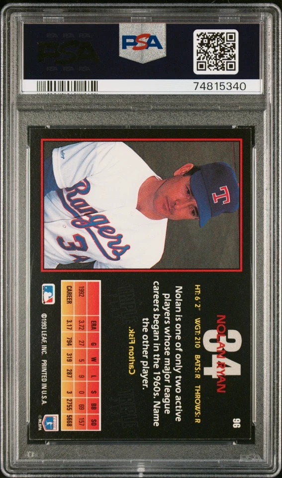 1993 TRIPLE PLAY NOLAN RYAN #96 BASEBALL CARD TEXAS RANGERS HOF | PSA 8 NM-MT - Image 3 of 4