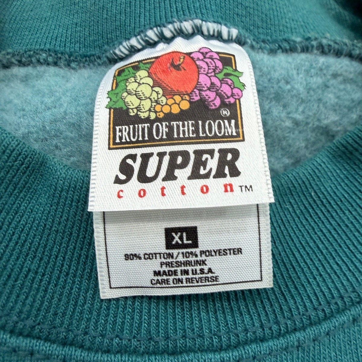 Vintage Fruit of The Loom Sweatshirt Extra Large Teal Green Crewneck Blank 90s View 4