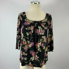 Ann Taylor LOFT Medium Blouse Black Floral Boat Neck Pleats