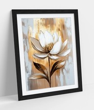 BEAUTIFUL WHITE FLOWER GOLD HOME DECOR FRAMED WALL ART PICTURE POSTER PRINT