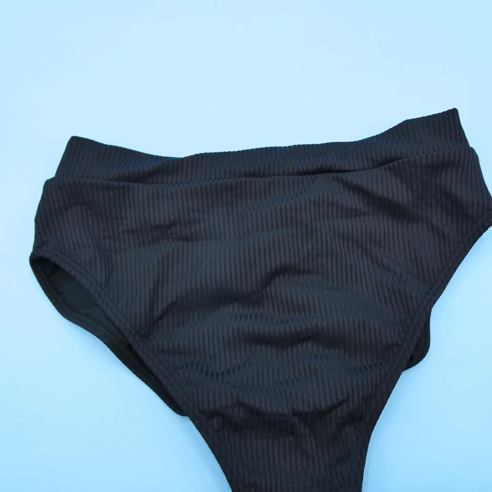 Montce Large Black Ribbed High Waist Brazilian Hipster Bikini Bottom Swimwear - Image 4 of 4