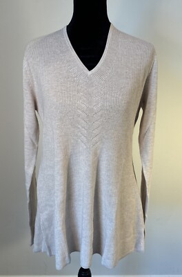Isaac Mizrahi V-Neck Shaker Stitch Swing Sweater- Heather Buff Beige, XS
