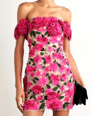 New NWT Oscar de la Renta Embroidered 3D Floral Applique Off Shoulder Dress  US 6 | eBay