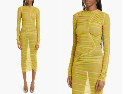 MUGLER Neon Yellow Swirling Star Print Mesh Sexy Illusion Sheer Dress 38 = 6US S