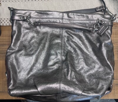 COACH Brooke Leather Metallic Pewter Silver Hobo Shoulder Handbag