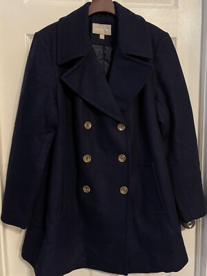 NWOT Woman Within Navy Blue Double Breasted Pea Coat Wool Blend Plus Size 22W