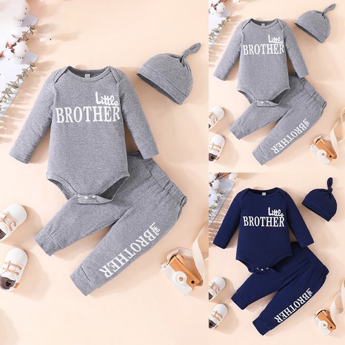 2PCS Baby Boys Long Sleeve Round Neck Pullover Letter Printed Tops Pants Hat Set