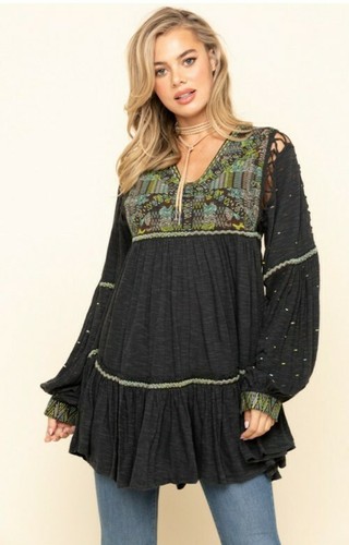 Free People Much Love Embroidered Tunic Washed Black Women's Size Medium NWT - Picture 1 of 10