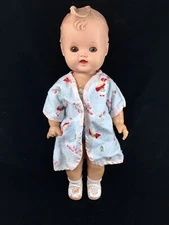 Vtg. Sun Rubber Co. 13” DOLL 1956 White And Blue molded clothes & White Shoes