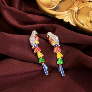 Authentic Exquisite Gold Plated Enamel Bird Long Drop Earrings Women Zirconia Jewelry