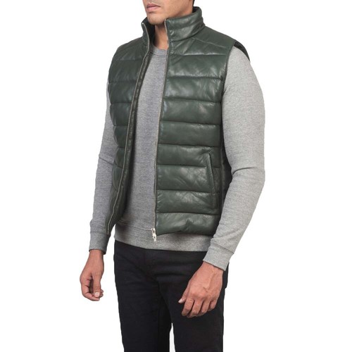 Men's Puffer Leather Vest Bomber Real Sheepskin Winter Padded Quilted Waistcoat - Picture 2 of 6