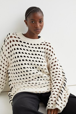 Hu0026M HOLE-KNIT SILK-BLEND JUMPER SWEATER CREAM BLACK XS EXTRA SMALL 10 6 38  | eBay