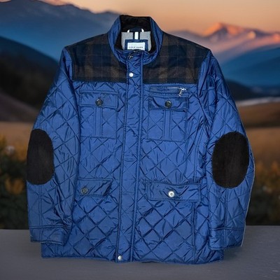 Cole Haan Mixed Media Signature Quilted Field Jacket Men s XL Navy Blue Wool