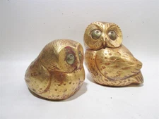 Midcentury Jaru of California Pottery Pair Owl Figurines Gold Hollywood Regency