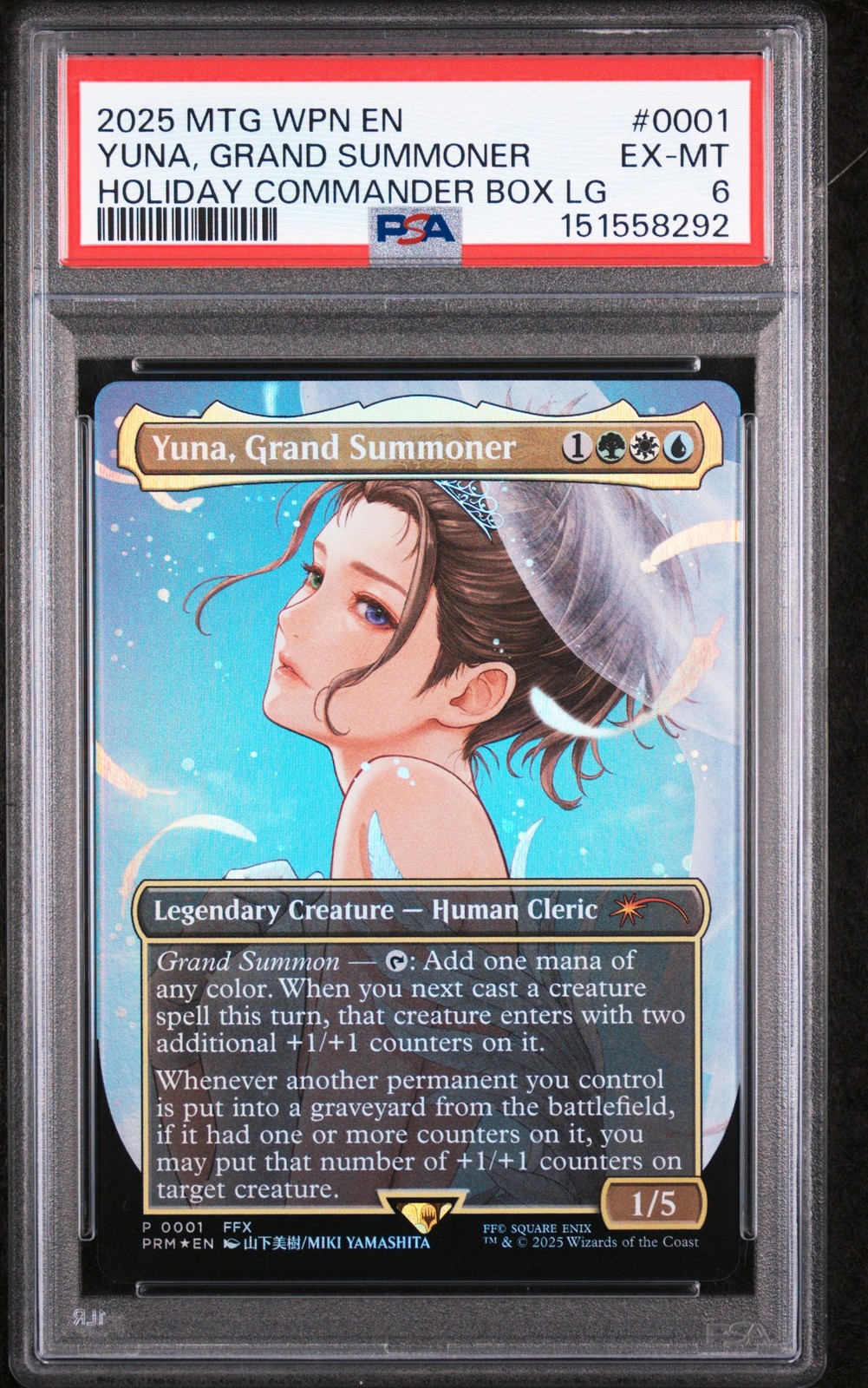 2025 MTG WPN PROMOS HOLIDAY COMMANDER BOX LEAGUE YUNA, GRAND SUMMONER PSA 6 view 1