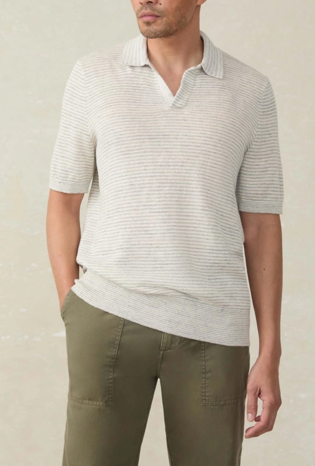 Faherty Men's 100% Linen Short Sleeve Sweater Polo Ivory Steel MSRP $178