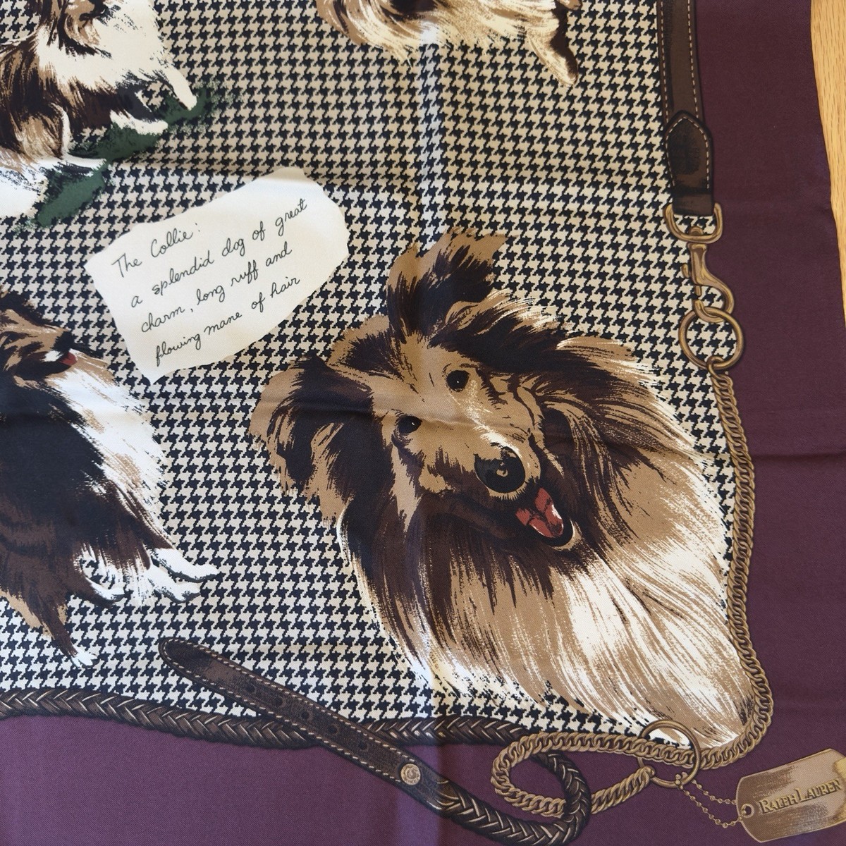 Vintage 34” Ralph Lauren Houndstooth Silk Scarf Dogs Collie