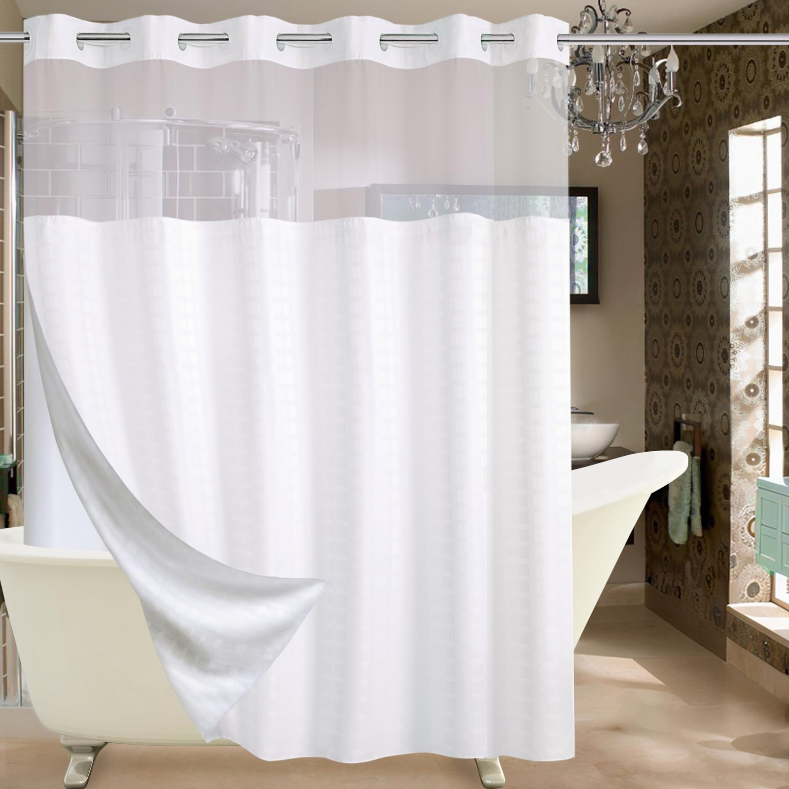 Extra Wide No Hook Shower Curtain with Snap in Liner Set, 108" x 74" Hotel Lu...