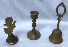 BRASS BELLS/CANDLE HOLDER Old vintage set of 2 Bass Bells & Candle Holder (A1)
