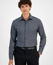 Alfani Men's Dress Shirt Charcoal Grey Slim-Fit 4-Way Stretch Medallion-17-17.5