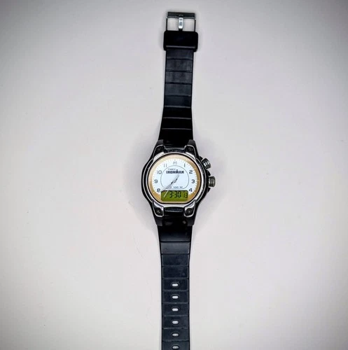 Vintage Timex Ironman Digital Analog Men's Wrist Watch w/ White Dial, Black Band