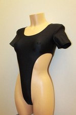 Women Thong Leotard 105-08 Short Sleeve High Open Thig Black Spandex Size M