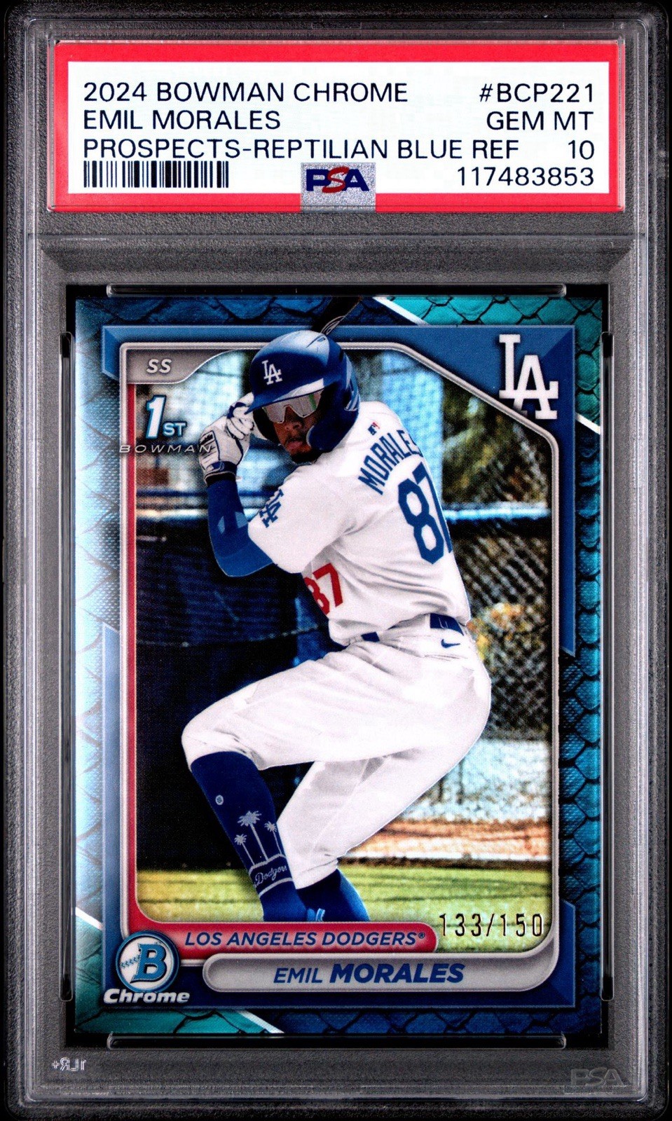 2024 Bowman Chrome Emil Morales BCP221 Reptilian Blue Refractor Psa 10 /150 GEM