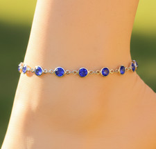 Cavigliera tono argento minimalista zaffiro tono blu lunetta pietra catena cavigliera