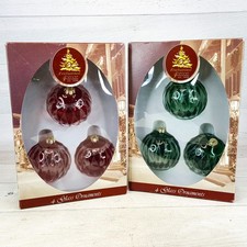 Vintage Glass Ball 2.5" Ornament Set Red  Green w Clear Cut Diamond Pattern 6pc