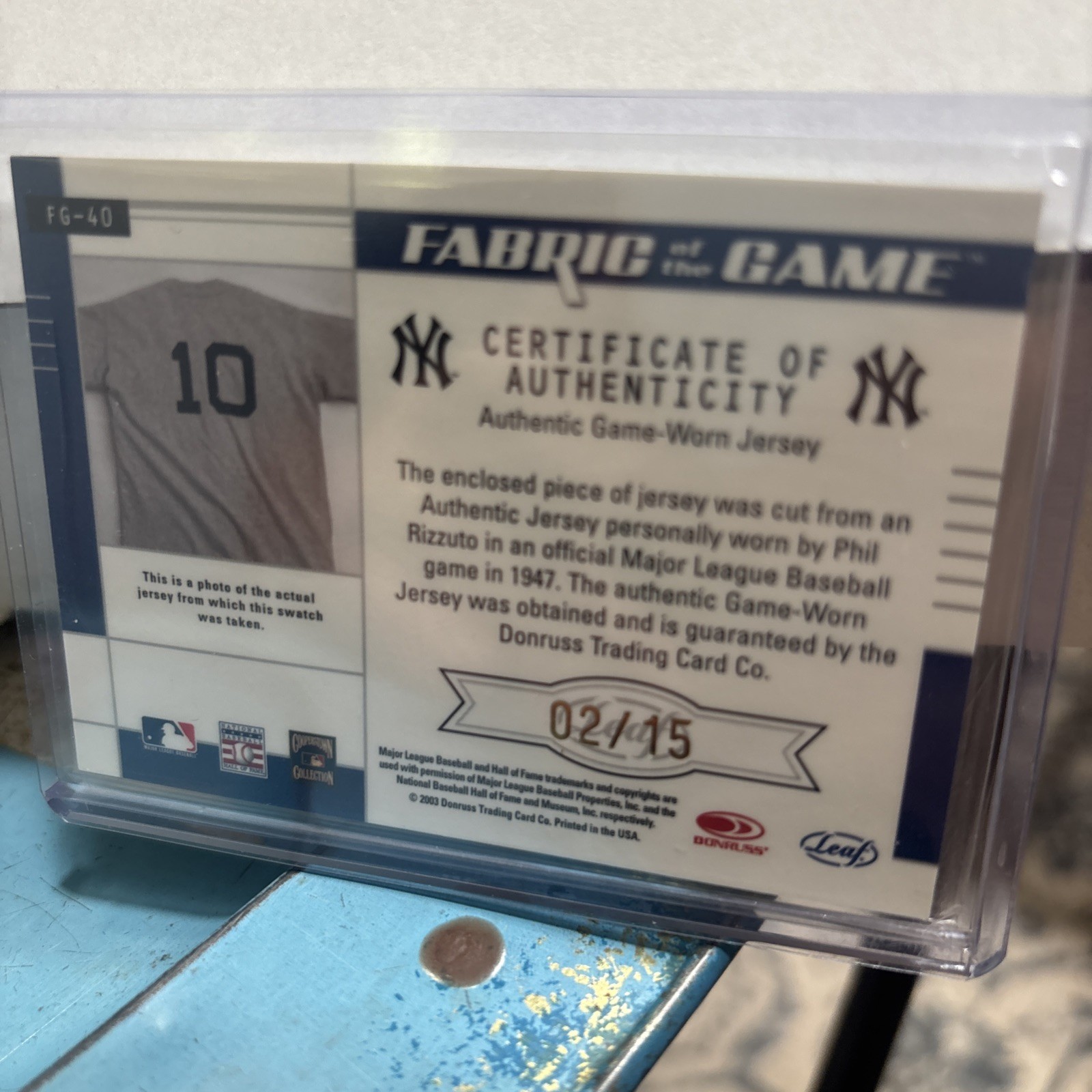 2003 leaf certified fabric of  game GU Phil Rizzuto  - Auto + Jersey 2/15 view 2