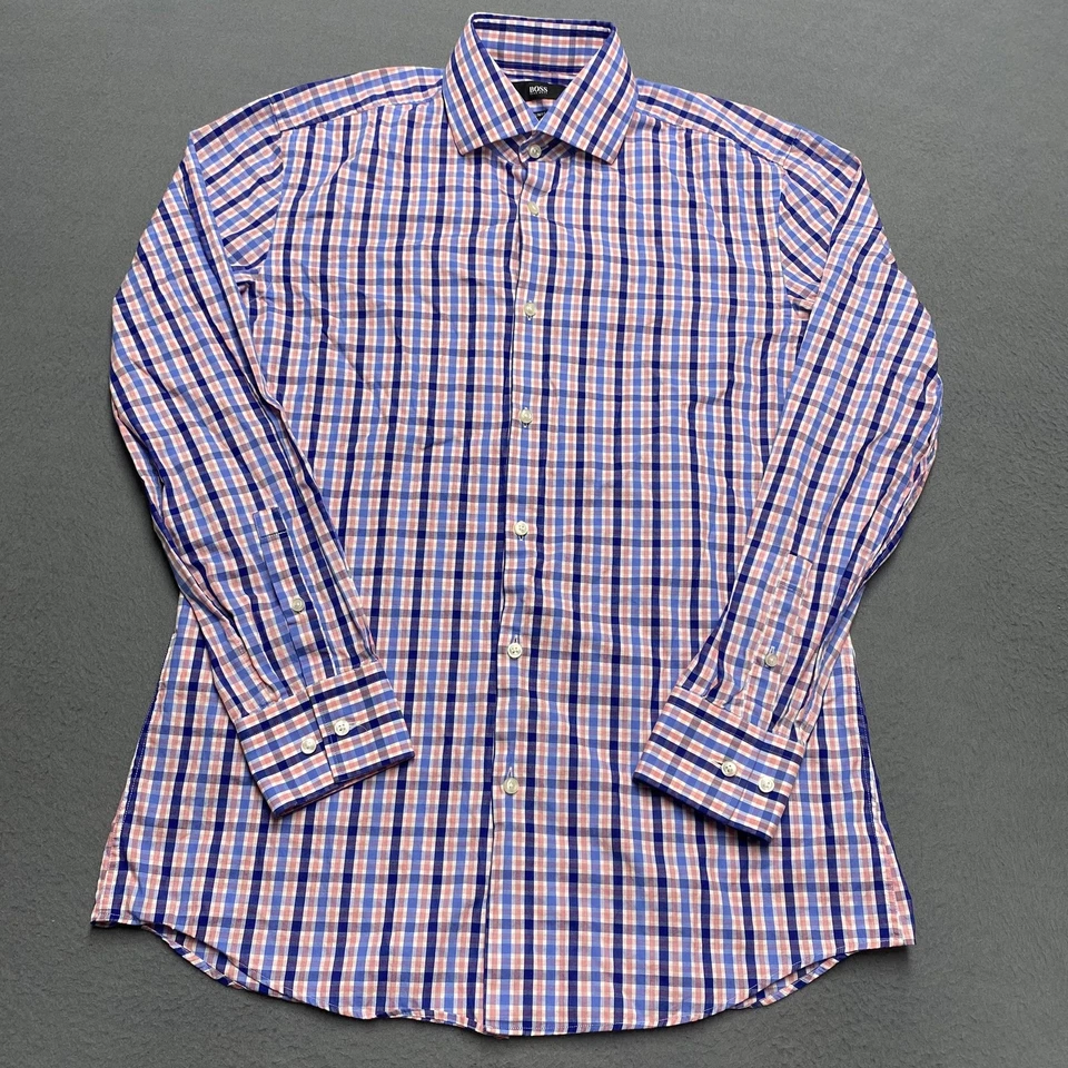 Hugo Boss Shirt Mens 15 1/2 39 Blue Pink Check Slim Fit Dress Italian Fabric - Image 2 of 4