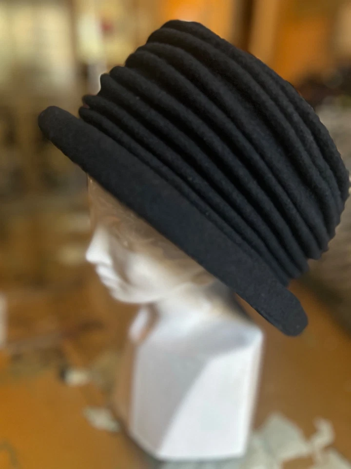Sombrero acanalado vintage estilo años 20 negro cloche 100 % lana talla única invierno cálido Foto 3 de 4
