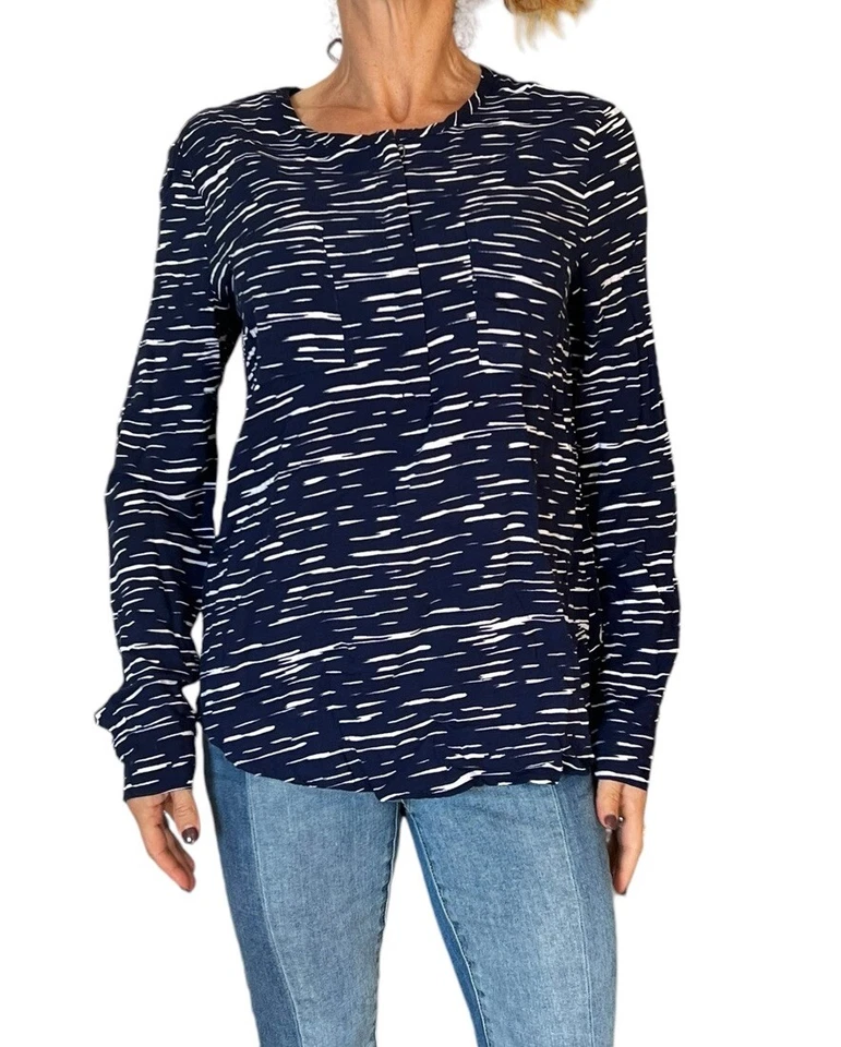 ESPLÉNDIDA BLUSA TOP MUJER 1/4 CREMALLERA RAYÓN AZUL MARINO RAYAS MANGA LARGA GRANDE Foto 2 de 4